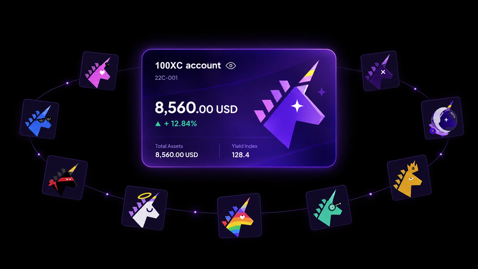 Purple unicorn account card surrounded by an orbit of colorful unicorn avatars
