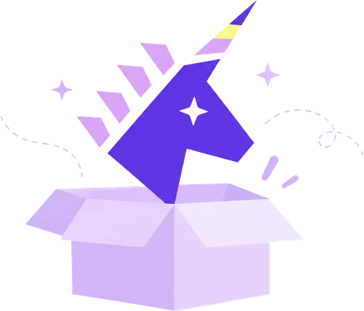 A purple unicorn emerging from an open box