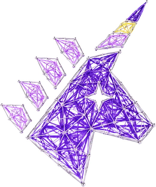 Sculptural unicorn made from a network of metallic purple connections
