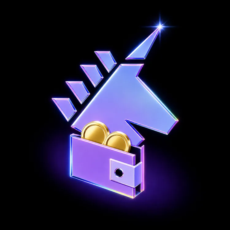Metallic purple unicorn rising from a wallet with gold coins